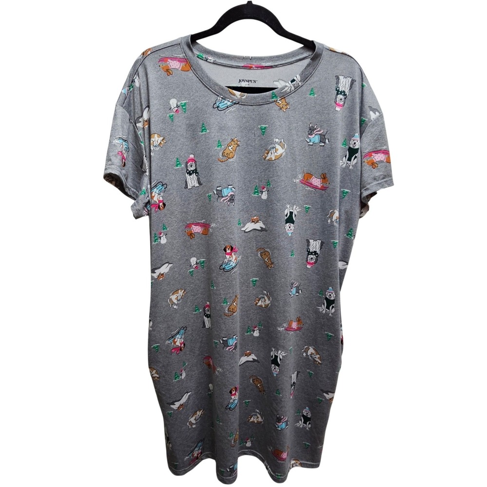 Joyspun Womens Gray Holiday Dog Cat Sledding Sleep Shirt Nightgown L-XL Pockets